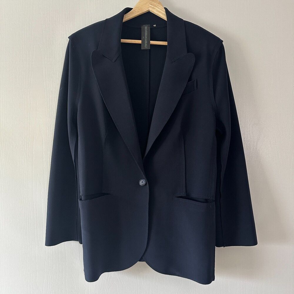 Norma Kamali Single Breasted‎ Jacket Raw Edge Padded Shoulders Blue Size Large